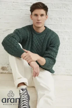 ARAN Rundhals Pullover grün Merinowolle