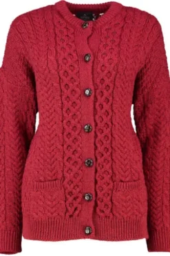 ARAN Strickjacke rot im typischen Aran Strick aus Merinowolle