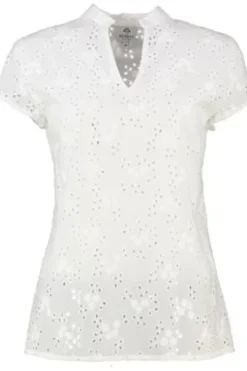 BERWIN Bluse weiß Kurzarm mit allover Lochstickerei und Stehlkragen