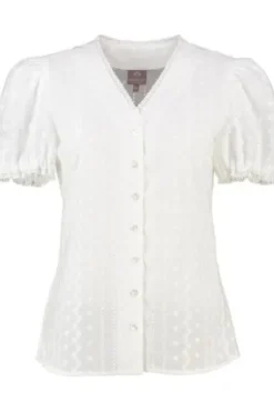 BERWIN Bluse weiß Kurzarm mit allover Lochstickerei und V-Ausschnitt