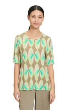 BETTY BARCLAY Shirt Khaki/Grün gemustert Kurzarm