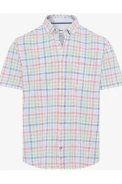 BRAX Hemd blau kariert Modern Fit Halbarm