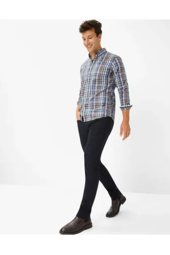 BRAX Hemd Daniel blau/braun kariert Modern Fit Langarm Button-Down