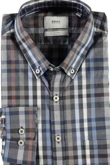 BRAX Hemd Daniel blau/braun kariert Modern Fit Langarm Button-Down