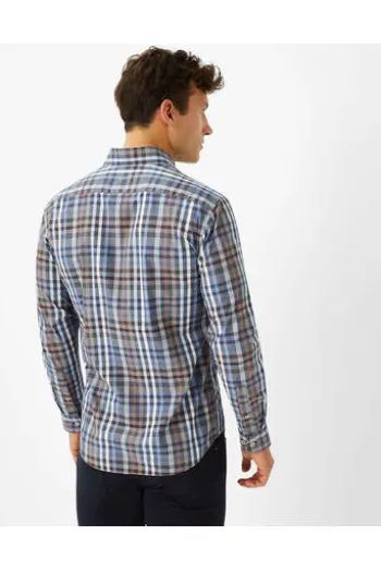 BRAX Hemd Daniel blau/braun kariert Modern Fit Langarm Button-Down