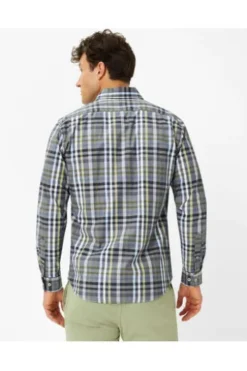 BRAX Hemd Daniel blau/grün kariert Modern Fit Langarm Button-Down