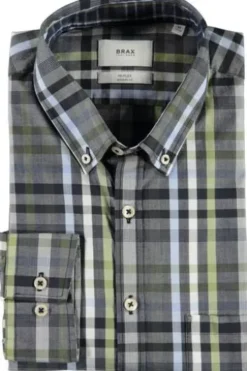 BRAX Hemd Daniel blau/grün kariert Modern Fit Langarm Button-Down