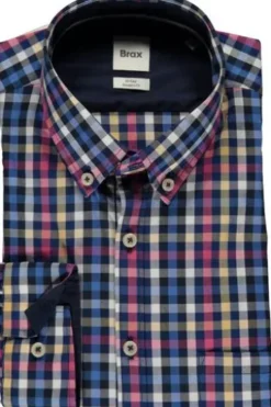 BRAX Hemd Daniel blau kariert Modern Fit Langarm Button-Down