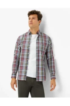 BRAX Hemd Daniel blau/rot kariert Modern Fit Langarm Button-Down