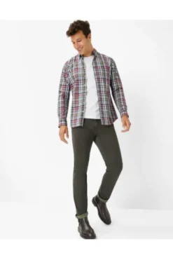 BRAX Hemd Daniel blau/rot kariert Modern Fit Langarm Button-Down