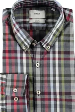 BRAX Hemd Daniel blau/rot kariert Modern Fit Langarm Button-Down