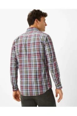BRAX Hemd Daniel blau/rot kariert Modern Fit Langarm Button-Down