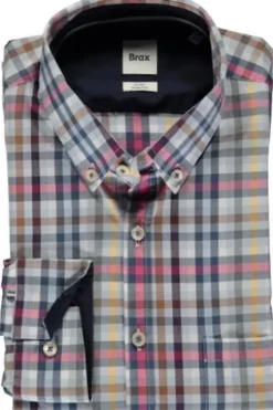 BRAX Hemd Daniel hellblau kariert Modern Fit Langarm Button-Down
