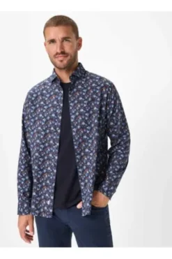 BRAX Hemd Harold P navy gemustert Modern Fit Langarm