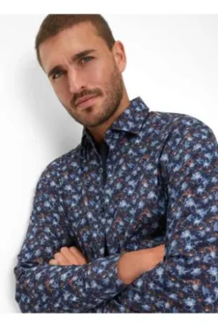 BRAX Hemd Harold P navy gemustert Modern Fit Langarm