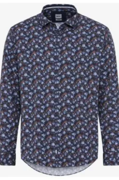 BRAX Hemd Harold P navy gemustert Modern Fit Langarm