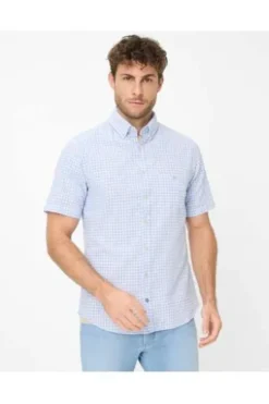 BRAX Hemd hellblau kariert Modern Fit Halbarm