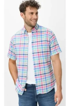 BRAX Karo Hemd Dan raspberry kariert Modern Fit Kurzarm