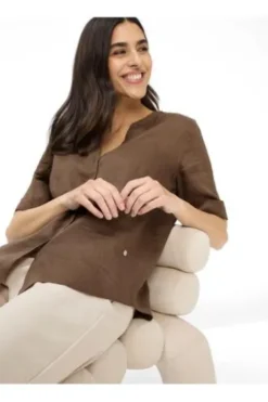 BRAX Leinen-Bluse Veri mocha brown Kurzarm