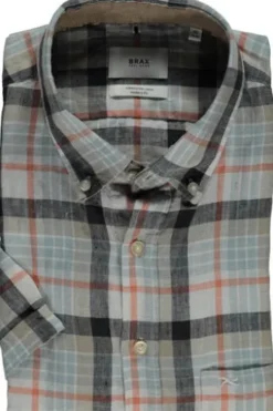 BRAX Leinen Hemd Dan hellbraun kariert Slim Fit kurzarm