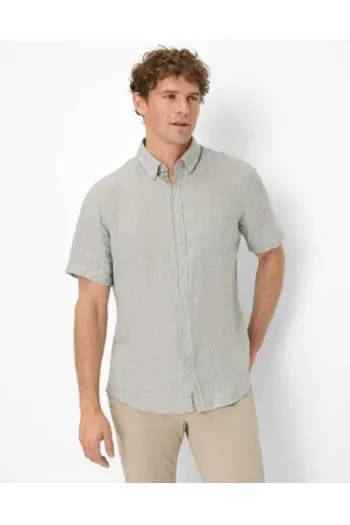 BRAX Vichy Karo Leinen Hemd Dan grün kariert Modern Fit Kurzarm Leinen