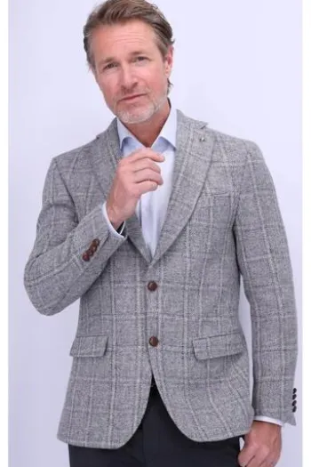CARL GROSS Harris Tweed Sakko grau kariert Fischgrät-Dessin