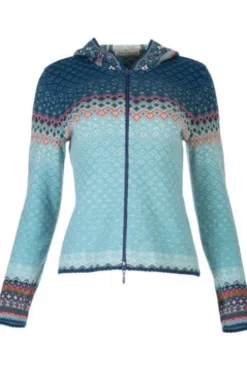 DUNQUE Jacquard-Strickjacke Petrol-natur-bunt gemustert mit Kapuze