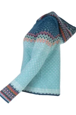 DUNQUE Jacquard-Strickjacke Petrol-natur-bunt gemustert mit Kapuze