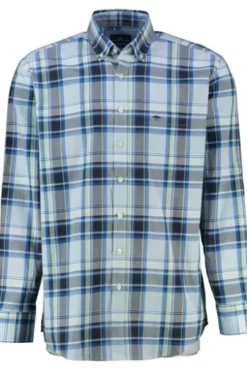FYNCH HATTON Hemd blau/grün kariert Comfort Fit Langarm Button-down