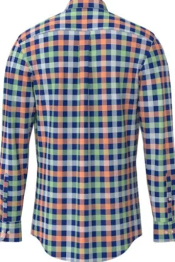 FYNCH HATTON Hemd blau/orange kariert Comfort Fit Langarm Button-down
