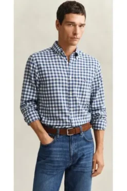 GANT Gingham Leinen Hemd vintage blue kariert Regular Fit Langarm