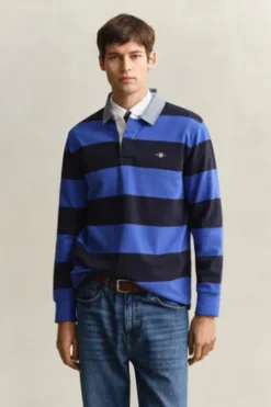 GANT Heavy Rugger Polo Shirt royal blue gestreift Regular Fit Langarm