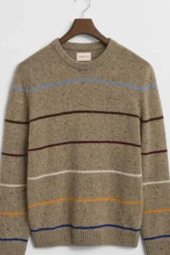 GANT Wollmix Rundhals-Pullover dark sand melange gestreift Regular Fit
