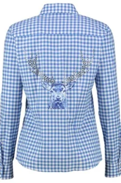OS TRACHTEN Bluse blau kariert mit Hirschmotiv
