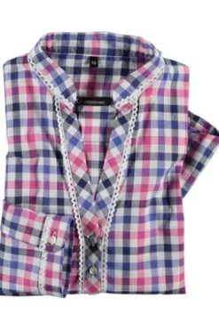 OS TRACHTEN Bluse pink kariert langarm mit Spitzenborte