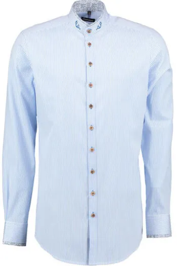 OS TRACHTEN Hemd blau gestreift Slim Fit Langarm mit Stehkragen
