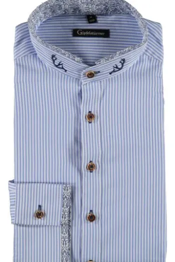 OS TRACHTEN Hemd blau gestreift Slim Fit Langarm mit Stehkragen