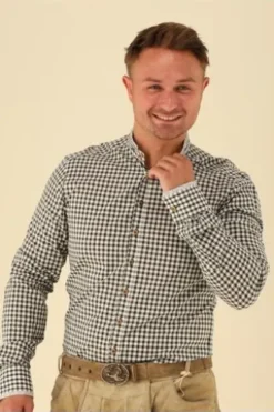 OS TRACHTEN Hemd grün kariert Slim Fit Langarm Stehkragen