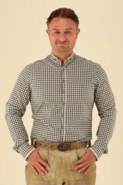 OS TRACHTEN Hemd grün kariert Slim Fit Langarm Stehkragen