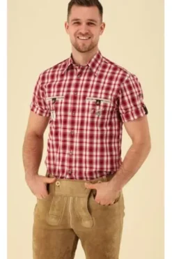OS TRACHTEN Hemd hochrot kariert Regular Fit Kurzarm