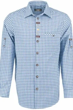 OS TRACHTEN Hemd mit Krempelarm blau kariert Regular Fit Langarm Krempelärmel