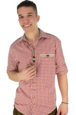 OS TRACHTEN Hemd rot kariert Regular Fit Langarm mit Stickerei