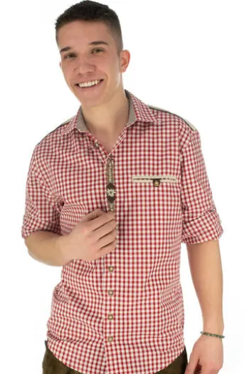 OS TRACHTEN Hemd rot kariert Regular Fit Langarm mit Stickerei