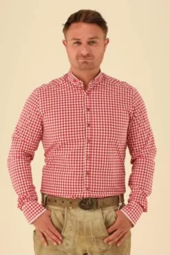 OS TRACHTEN Hemd rot kariert Slim Fit Langarm Stehkragen
