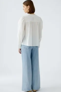 OUI Baumwollbluse stilvolle Falten, verspielte Rüschen und elegante Spitze cloud dancer A-Shape Langarm