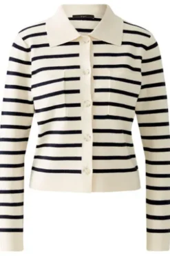 OUI Feinstrickjacke mit wertigen, dekorativen Knöpfen white blue gestreift Slim Fit Langarm