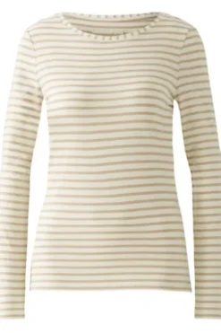 OUI Langarm T- Shirt SUMIKO mit gewirkten Streifen offwhite camel gestreift Modern Fit Langarm