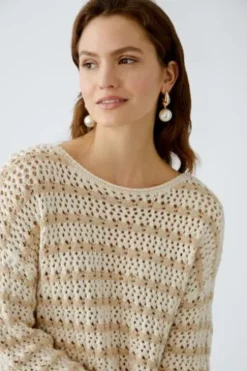 OUI Lässiger Sommerpullover in aufwendiger Stricktechnik white camel gestreift 7/8-Arm