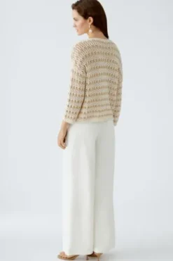 OUI Lässiger Sommerpullover in aufwendiger Stricktechnik white camel gestreift 7/8-Arm