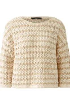 OUI Lässiger Sommerpullover in aufwendiger Stricktechnik white camel gestreift 7/8-Arm